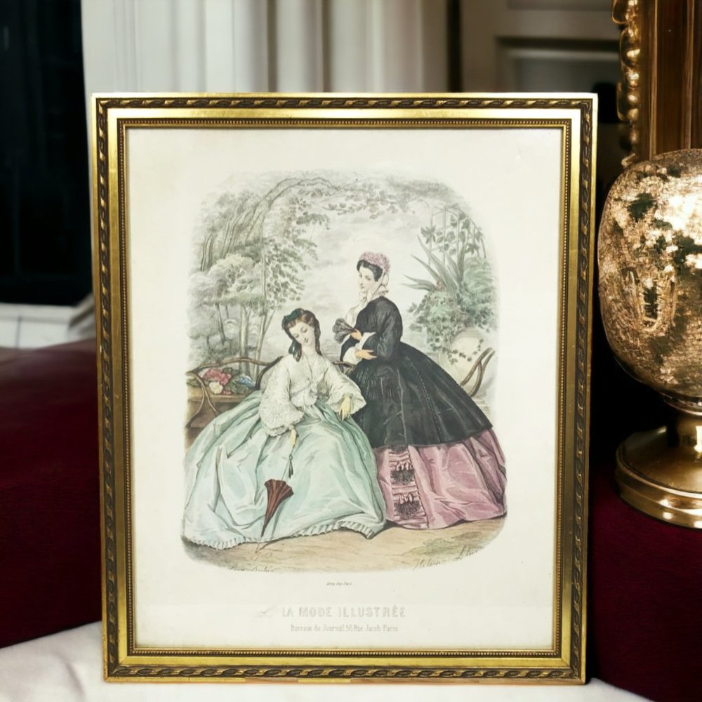 Vintage La Mode Illustree Framed Art Bureaux du Journal 56 Rue Jacob Paris 1862